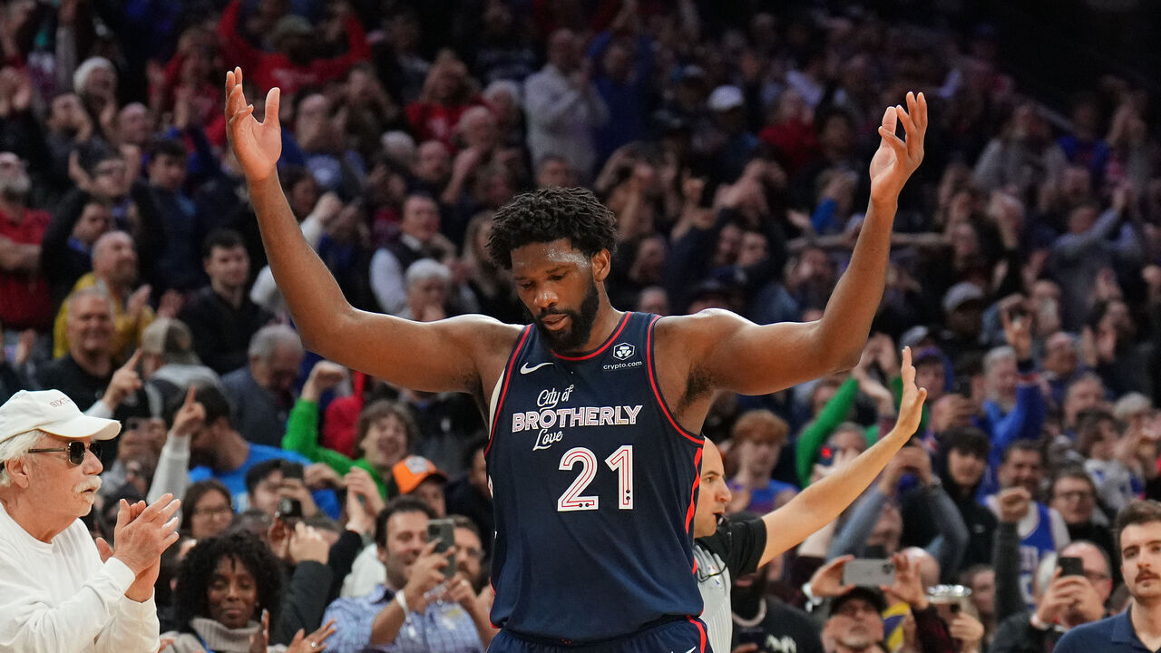 PHILADELPHIA, PA - JANUARY 22: Joel Embiid #21 of the Philadelphia 76ers celebrates during the game on January 22, 2024 at the Wells Fargo Center in Philadelphia, Pennsylvania NOTE TO USER: User expressly acknowledges and agrees that, by downloading and/or using this Photograph, user is consenting to the terms and conditions of the Getty Images License Agreement. Mandatory Copyright Notice: Copyright 2024 NBAE