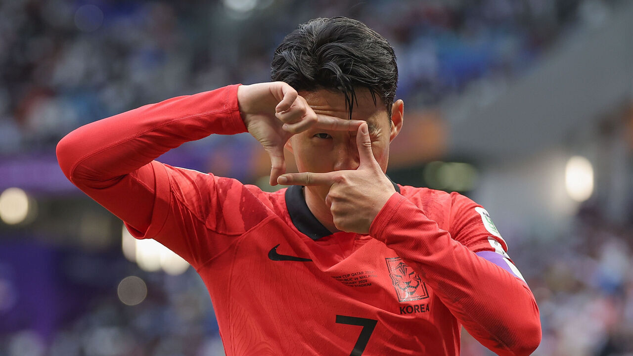 AL WAKRAH, QATAR - JANUARY 25: Son Heung-min of South Korea celebrates scoring his team's third goal during the AFC Asian Cup Group E match between South Korea and Malaysia at Al Janoub Stadium on January 25, 2024 in Al Wakrah, Qatar.