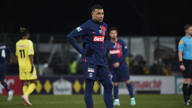 Paris Saint-Germain's French forward #07 Kylian Mbappe looks on during the French Cup round of 32 football match between US Orleans Loiret Football and Paris Saint-Germain (PSG) at the Stade de la Source, in Orleans, central France, on January 20, 2024.