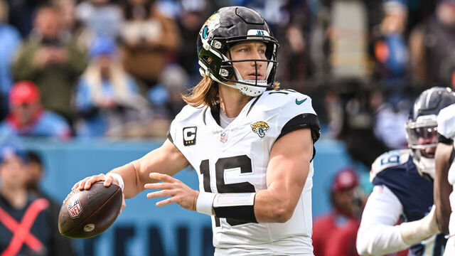 NASHVILLE, TN - JANUARY 07: Jacksonville Jaguars quarterback Trevor Lawrence (16) passes the ball during the NFL game between the Tennessee Titans and the Jacksonville Jaguars on January 7, 2024, at Nissan Stadium in Nashville, TN.