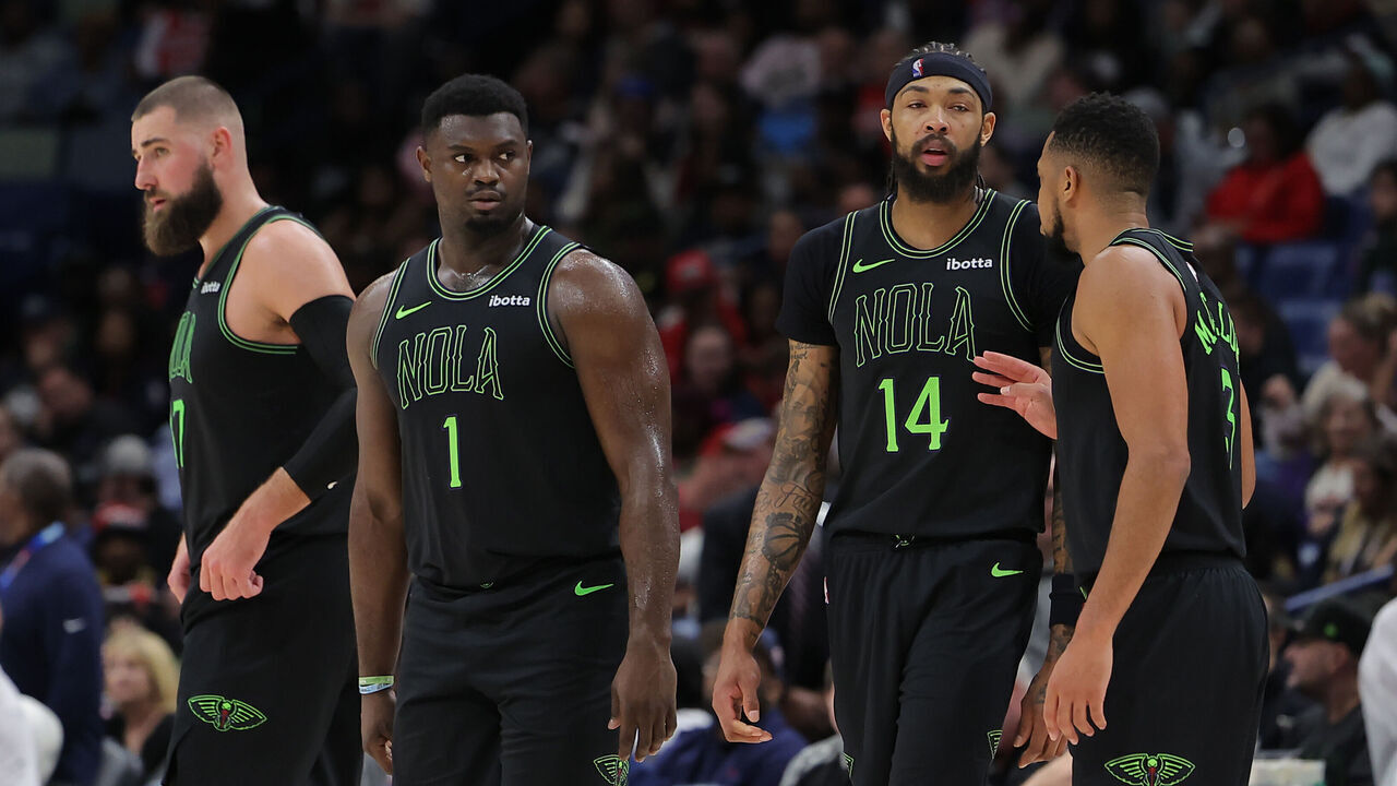 NEW ORLEANS, LOUISIANA - DECEMBER 01: Zion Williamson #1, CJ McCollum #3, Brandon Ingram #14 and Jonas Valanciunas #17 of the New Orleans Pelicans react during a game against the San Antonio Spurs at the Smoothie King Center on December 01, 2023 in New Orleans, Louisiana.