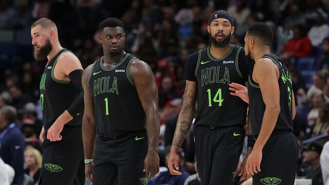NEW ORLEANS, LOUISIANA - DECEMBER 01: Zion Williamson #1, CJ McCollum #3, Brandon Ingram #14 and Jonas Valanciunas #17 of the New Orleans Pelicans react during a game against the San Antonio Spurs at the Smoothie King Center on December 01, 2023 in New Orleans, Louisiana.