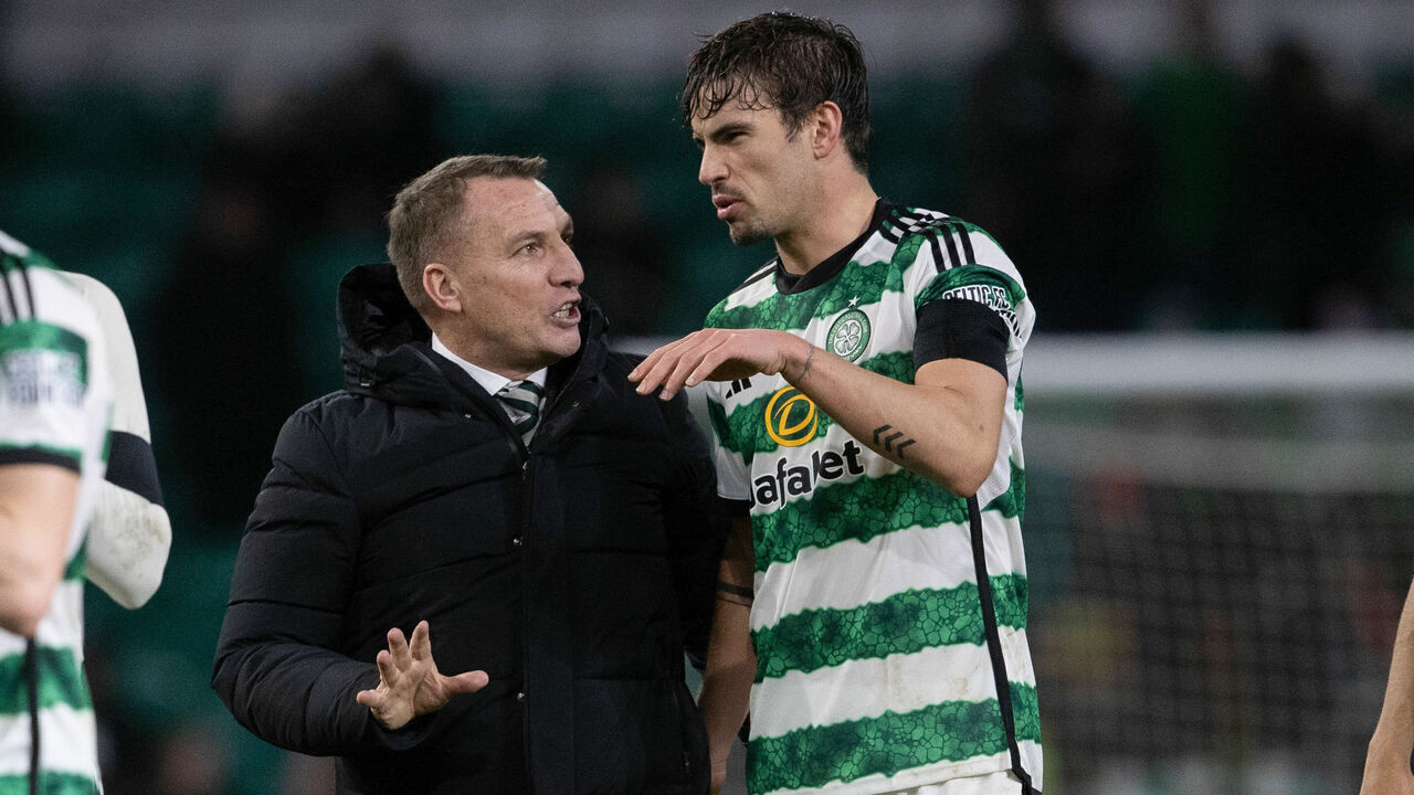 GLASGOW, SCOTLAND - JANUARY 21: Celtic manager Brendan Rodgers and Matt O'Riley at full time during a Scottish Gas Scottish Cup fourth round match between Celtic and Buckie Thistle at Celtic Park, on January 21, 2024, in Glasgow, Scotland.