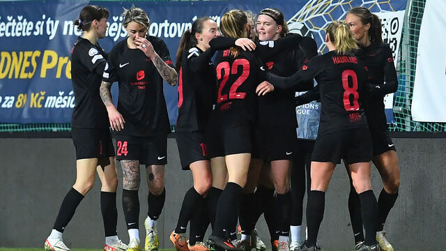 Brann Bergen's players celebrate after scoring the opening goal during the UEFA Women's Champions League Group B football match between Slavia Prague and Brann Bergen at the City Stadium in Mlada Boleslav, northeast of Prague, on January 25, 2024.