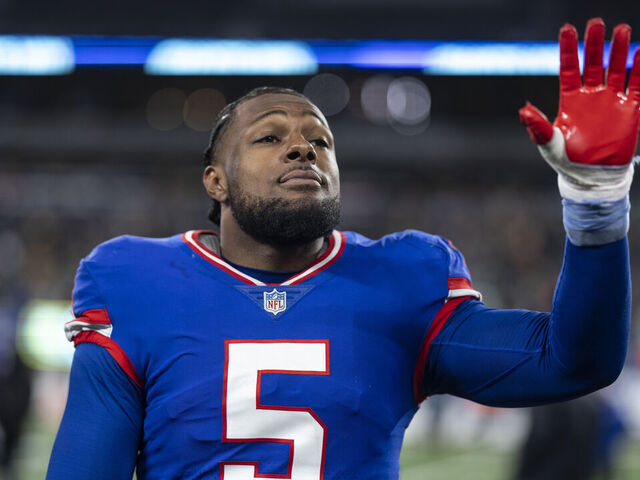 EAST RUTHERFORD, NEW JERSEY - DECEMBER 11: Kayvon Thibodeaux #5 of the New York Giants reacts following an NFL football game between the New York Giants and the Green Bay Packers at MetLife Stadium on December 11, 2023 in East Rutherford, New Jersey.