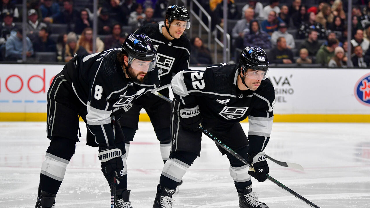 LOS ANGELES, CA - JANUARY 18: Drew Doughty #8 of the Los Angeles Kings, Trevor Moore #12 and Kevin Fiala #22 get ready for the play during the second period against the Nashville Predators at Crypto.com Arena on January 18, 2024 in Los Angeles, California.