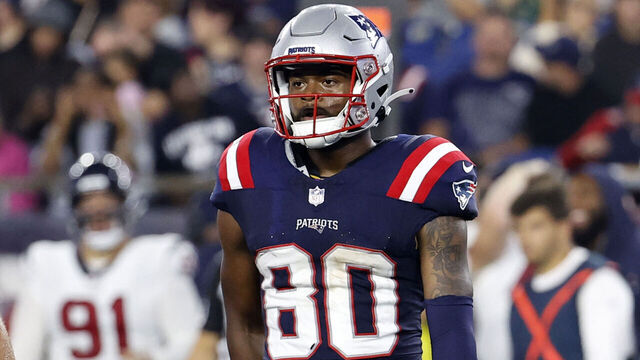 FOXBOROUGH, MA - AUGUST 10: New England Patriots wide receiver Kayshon Boutte (80) during a preseason game between the New England Patriots and the Houston Texans on August 10, 2023, at Gillette Stadium in Foxborough, Massachusetts.