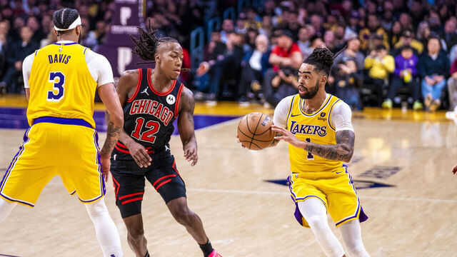 LOS ANGELES, CA - JANUARY 25: Anthony Davis #3 of the Los Angeles Lakers sets a screen while D'Angelo Russell #1 drives to the basket during the game against the Chicago Bulls on January 25, 2024 at Crypto.Com Arena in Los Angeles, California. NOTE TO USER: User expressly acknowledges and agrees that, by downloading and/or using this Photograph, user is consenting to the terms and conditions of the Getty Images License Agreement. Mandatory Copyright Notice: Copyright 2024 NBAE