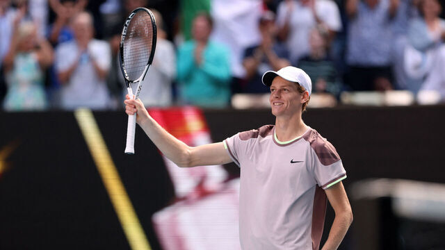 Italy's Jannik Sinner celebrates victory against Serbia's Novak Djokovic during their men's singles semi-final match on day 13 of the Australian Open tennis tournament in Melbourne on January 26, 2024.