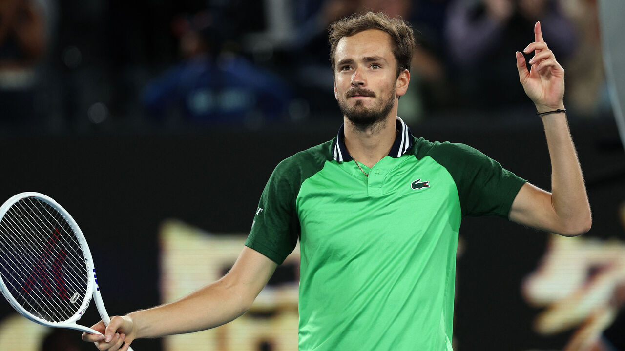 Russia's Daniil Medvedev celebrates victory against Germany's Alexander Zverev during their men's singles semi-final match on day 13 of the Australian Open tennis tournament in Melbourne on January 26, 2024.