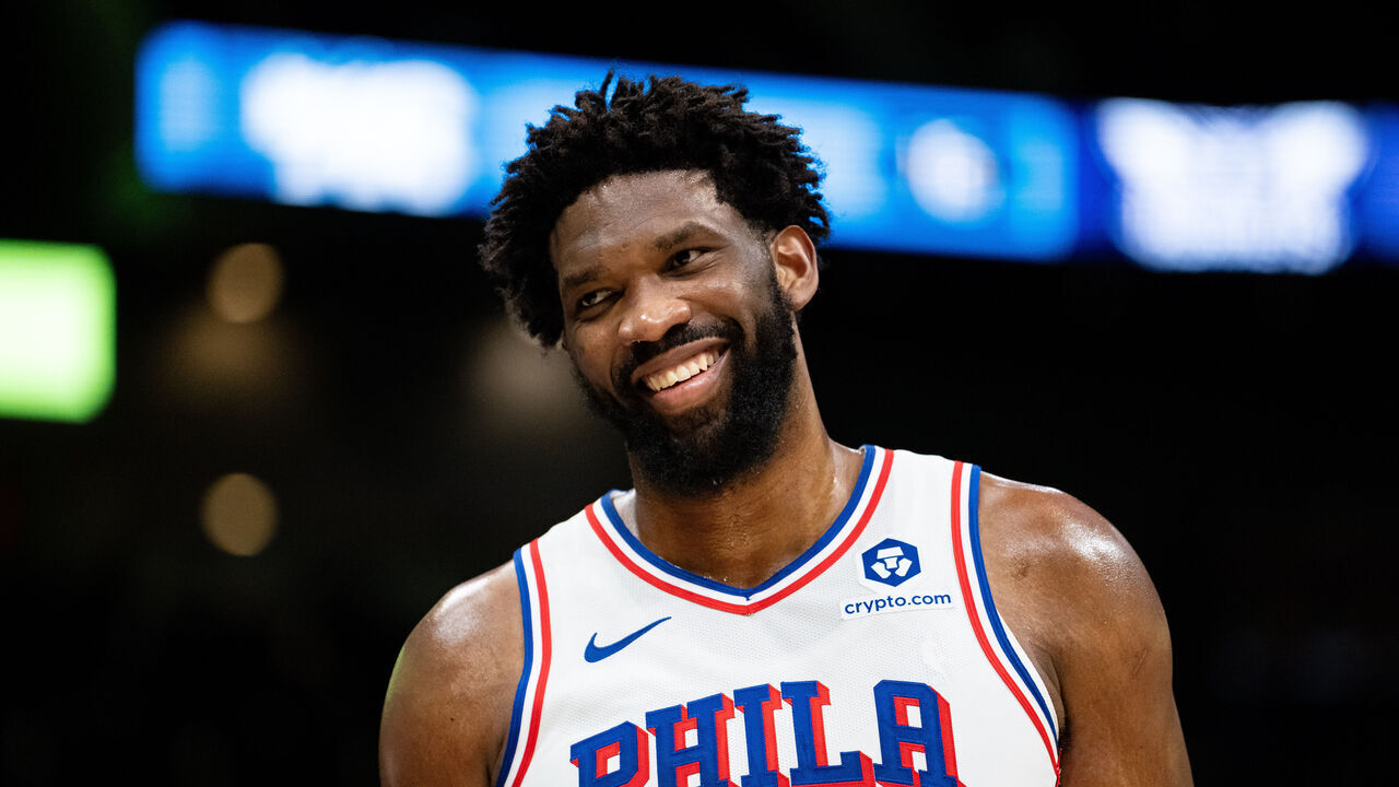 CHARLOTTE, NORTH CAROLINA - JANUARY 20: Joel Embiid #21 of the Philadelphia 76ers looks on during their game against the Charlotte Hornets at Spectrum Center on January 20, 2024 in Charlotte, North Carolina.