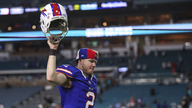 MIAMI GARDENS, FL - JANUARY 07: Tyler Bass #2 of the Buffalo Bills walks off of the field after an NFL football game against the Miami Dolphins at Hard Rock Stadium on January 7, 2024 in Miami Gardens, Florida.