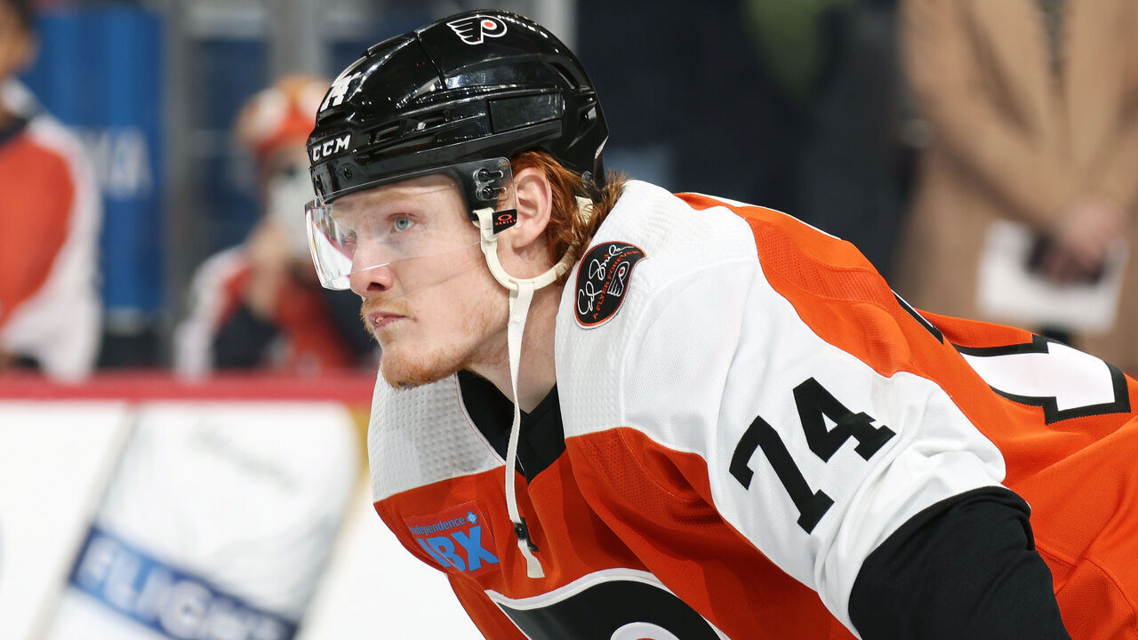PHILADELPHIA, PENNSYLVANIA - JANUARY 06: Owen Tippett #74 of the Philadelphia Flyers looks on during warm-ups prior to his game against the Calgary Flames at the Wells Fargo Center on January 6, 2024 in Philadelphia, Pennsylvania.