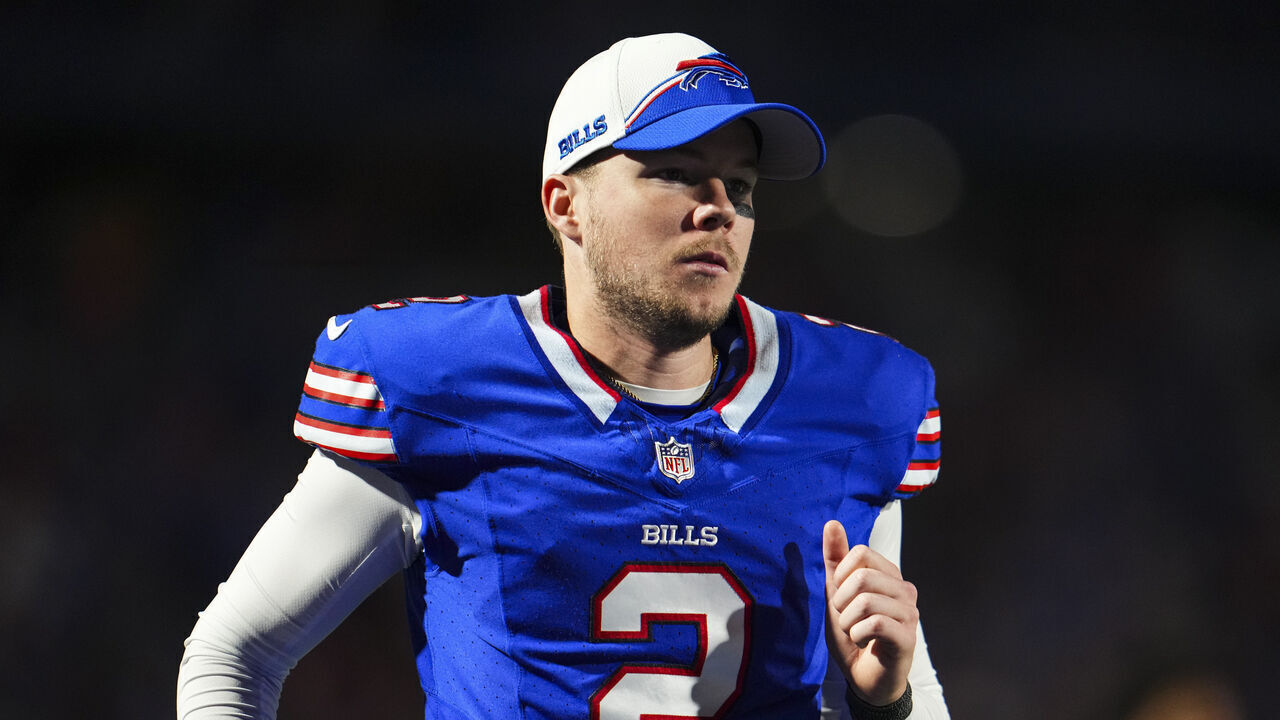 ORCHARD PARK, NY - OCTOBER 26: Tyler Bass #2 of the Buffalo Bills runs off of the field during an NFL football game against the Tampa Bay Buccaneers at Highmark Stadium on October 26, 2023 in Orchard Park, New York.