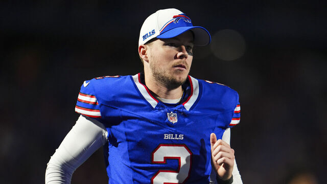 ORCHARD PARK, NY - OCTOBER 26: Tyler Bass #2 of the Buffalo Bills runs off of the field during an NFL football game against the Tampa Bay Buccaneers at Highmark Stadium on October 26, 2023 in Orchard Park, New York.
