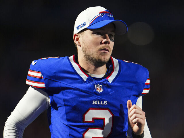 ORCHARD PARK, NY - OCTOBER 26: Tyler Bass #2 of the Buffalo Bills runs off of the field during an NFL football game against the Tampa Bay Buccaneers at Highmark Stadium on October 26, 2023 in Orchard Park, New York.