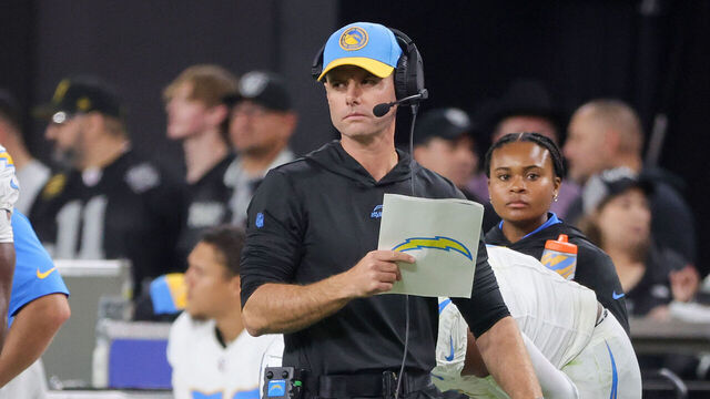 LAS VEGAS, NEVADA - DECEMBER 14: Head coach Brandon Staley of the Los Angeles Chargers looks on in the fourth quarter of a game against the Las Vegas Raiders at Allegiant Stadium on December 14, 2023 in Las Vegas, Nevada. The Raiders defeated the Chargers 63-21.