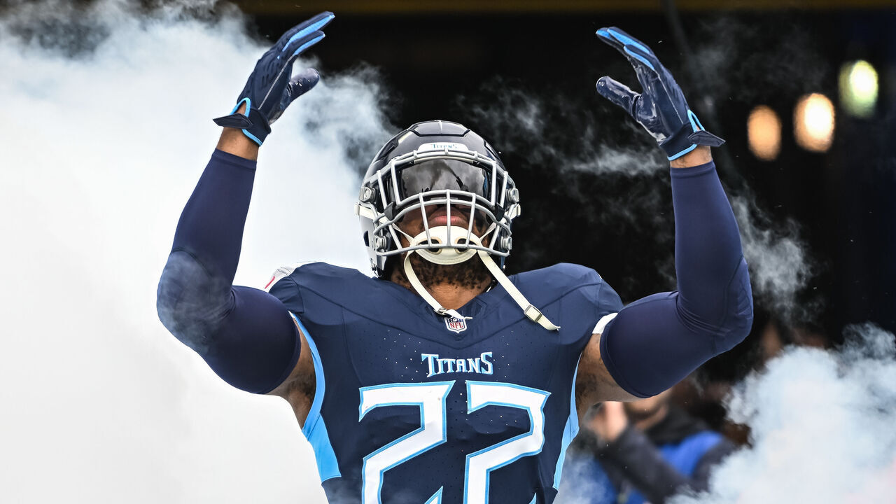 NASHVILLE, TN - JANUARY 07: Tennessee Titans running back Derrick Henry (22) takes the field before the NFL game between the Tennessee Titans and the Jacksonville Jaguars on January 7, 2024, at Nissan Stadium in Nashville, TN.