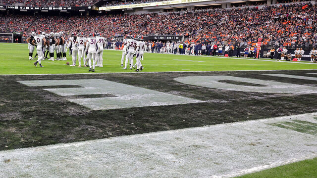 LAS VEGAS, NEVADA - JANUARY 07: A view of the grass shows the south end zone in the first quarter of a game between the Denver Broncos and the Las Vegas Raiders at Allegiant Stadium on January 07, 2024 in Las Vegas, Nevada. The Raiders defeated the Broncos 27-14.