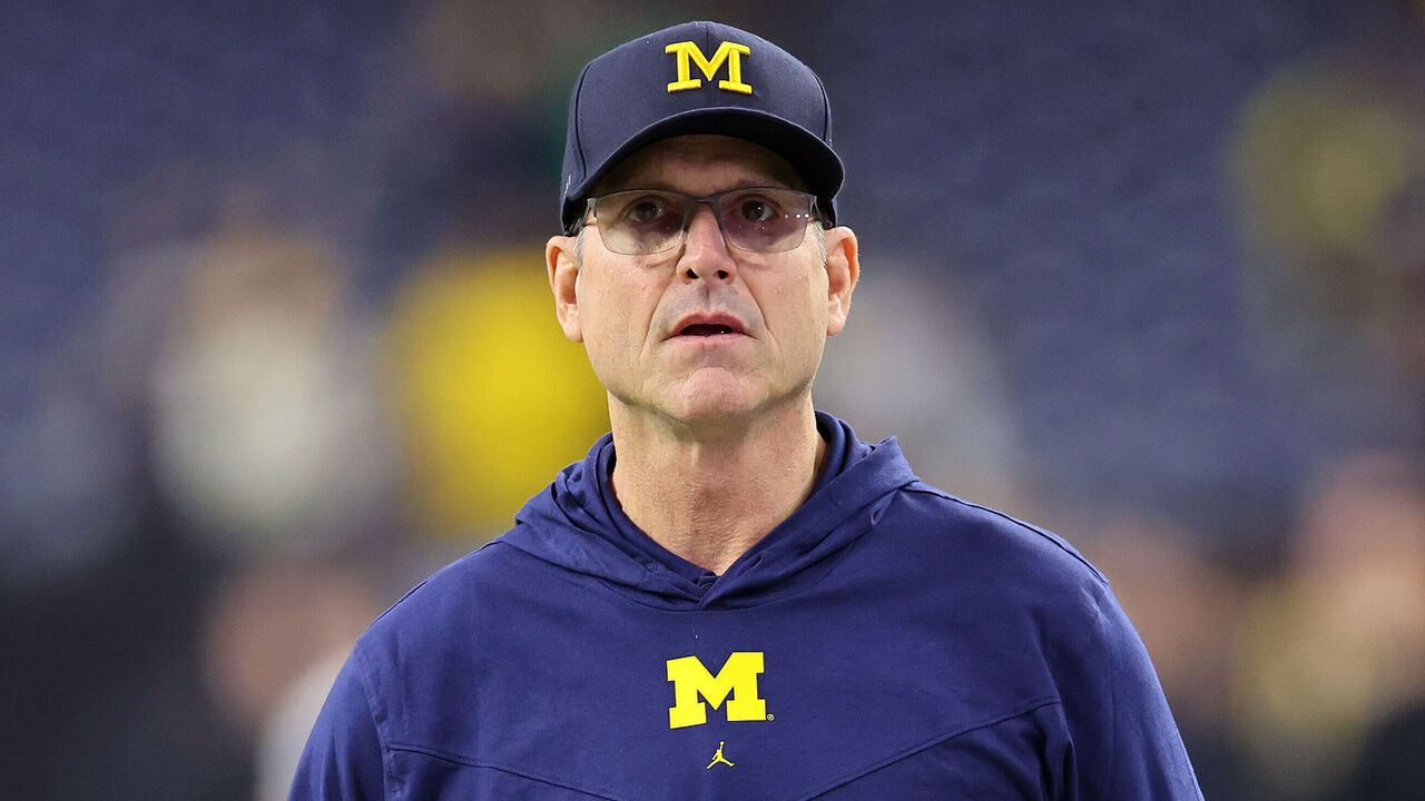HOUSTON, TEXAS - JANUARY 08: Head coach Jim Harbaugh of the Michigan Wolverines looks on prior to the 2024 CFP National Championship game against the Washington Huskies at NRG Stadium on January 08, 2024 in Houston, Texas.
