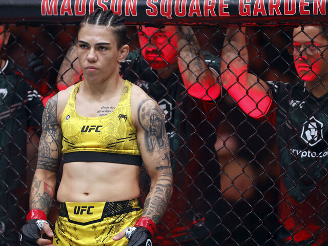 NEW YORK, NEW YORK - NOVEMBER 11: Jessica Andrade of Brazil awaits Mackenzie Dern in a strawweight fight during the UFC 295 event at Madison Square Garden on November 11, 2023 in New York City.