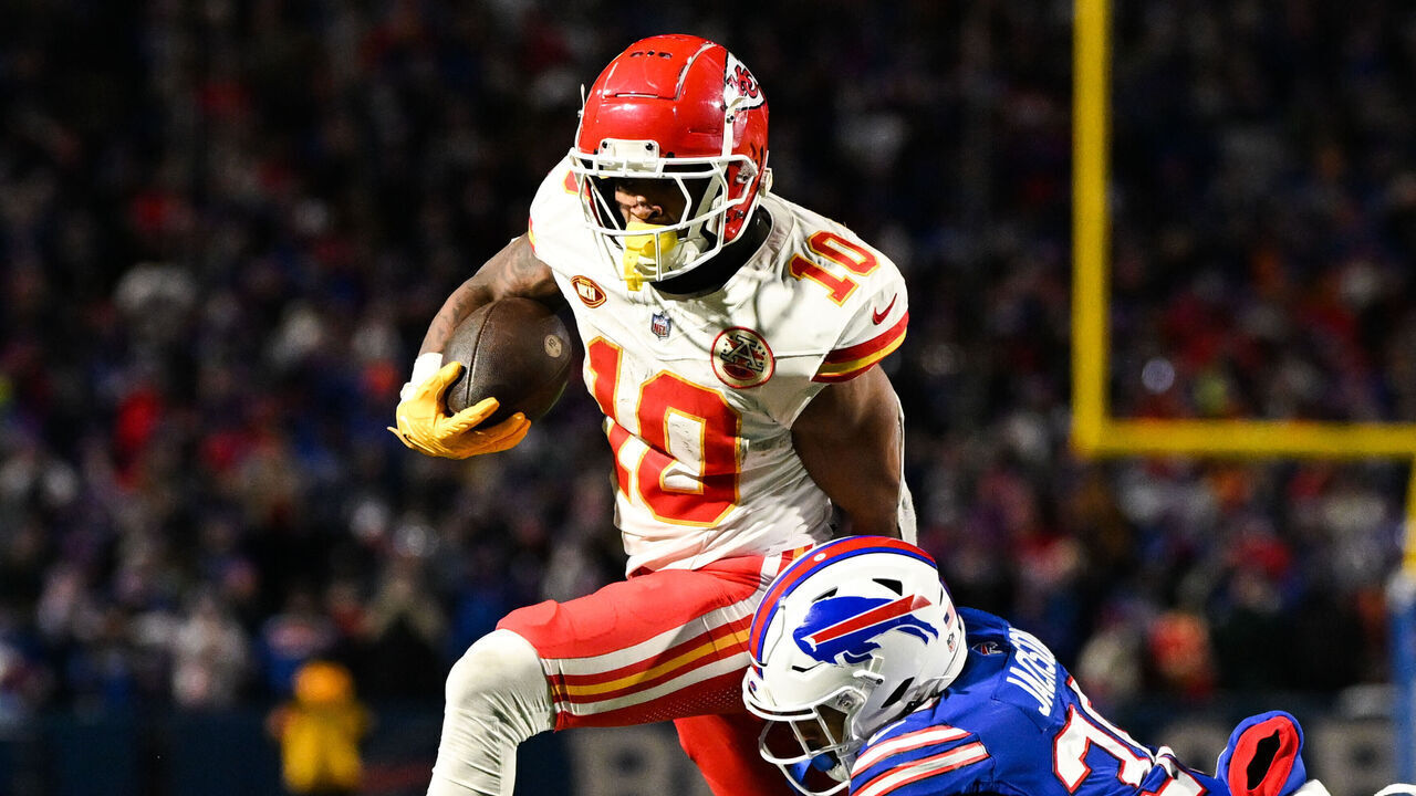 ORCHARD PARK, NY - JANUARY 21: Isiah Pacheco #10 of the Kansas City Chiefs runs with the football during the second half of the AFC Divisional Playoff game against the Buffalo Bills at Highmark Stadium on January 21, 2024 in Orchard Park, New York.