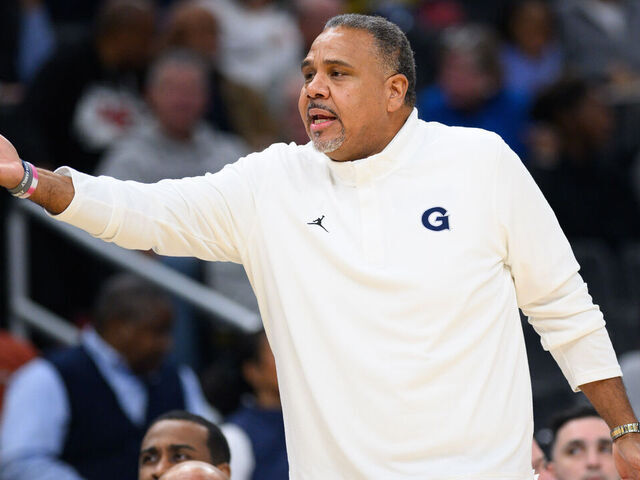 WASHINGTON, DC - JANUARY 23: Georgetown Hoyas head coach Ed Cooley on the sidelines during the men's college basketball game between the Butler Bulldogs and Georgetown Hoyas on January 23, 2024, at Capital One Arena in Washington, DC.