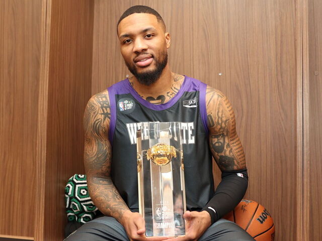 SALT LAKE CITY, UT - FEBRUARY 18: Damian Lillard of the Portland Trail Blazers poses with his trophy after winning the Starry 3-Point Compeition as part of 2023 NBA All Star Weekend on Saturday, February 18, 2023 at Vivint Arena in Salt Lake City, Utah. NOTE TO USER: User expressly acknowledges and agrees that, by downloading and/or using this Photograph, user is consenting to the terms and conditions of the Getty Images License Agreement. Mandatory Copyright Notice: Copyright 2023 NBAE