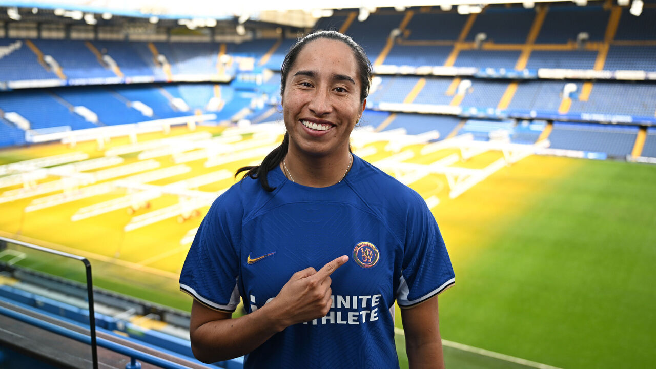 LONDON, ENGLAND - JANUARY 26: Mayra Ramirez poses for a photograph as she signs for Chelsea FC Women at Stamford Bridge on January 26, 2024 in London, England.