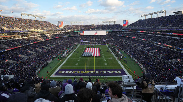 BALTIMORE, MARYLAND, JAN 20: A general overall view of a United States flag on the field during the playing of the national anthem before the AFC Divisional playoff game between the Houston Texans and the Baltimore Ravens at M&T Bank Stadium on January 20, 2024 in Baltimore, Maryland.