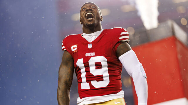 SANTA CLARA, CALIFORNIA - JANUARY 20: Deebo Samuel #19 of the San Francisco 49ers celebrates as he runs onto the field during player introductions before an NFC divisional round playoff football game against the Green Bay Packers at Levi's Stadium on January 20, 2024 in Santa Clara, California.