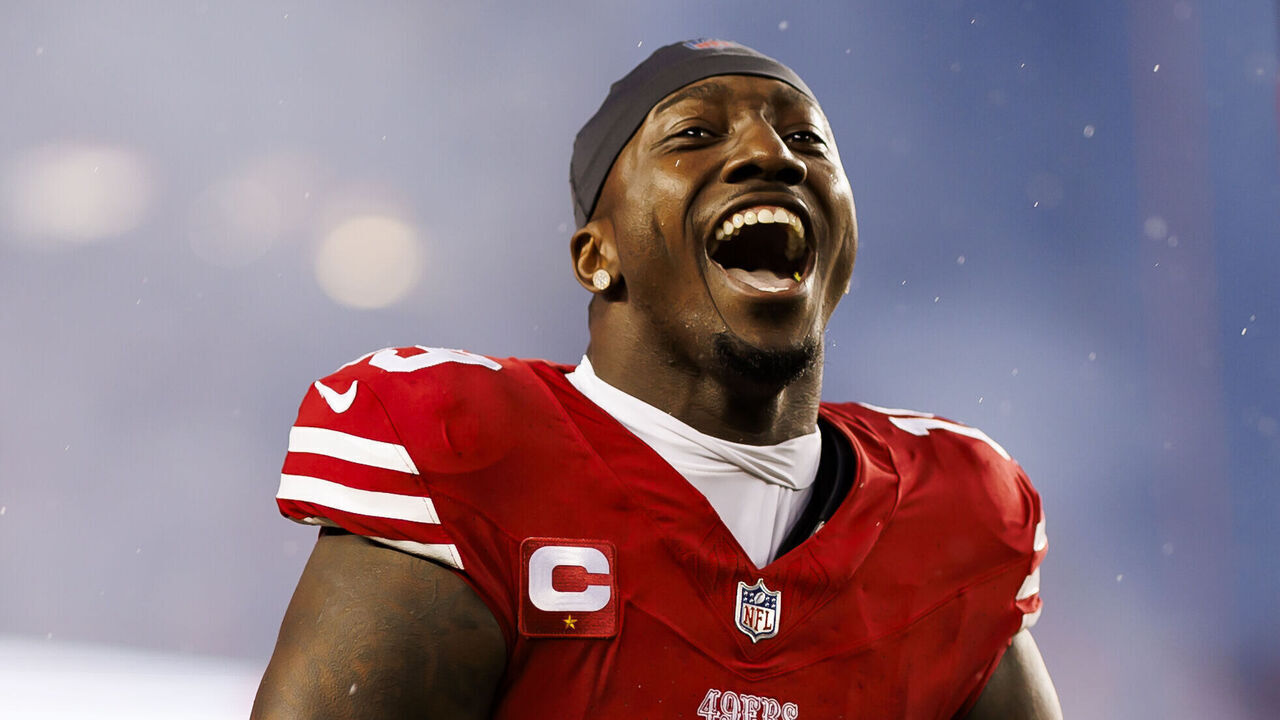 SANTA CLARA, CALIFORNIA - JANUARY 20: Deebo Samuel #19 of the San Francisco 49ers celebrates as he runs onto the field during player introductions before an NFC divisional round playoff football game against the Green Bay Packers at Levi's Stadium on January 20, 2024 in Santa Clara, California.