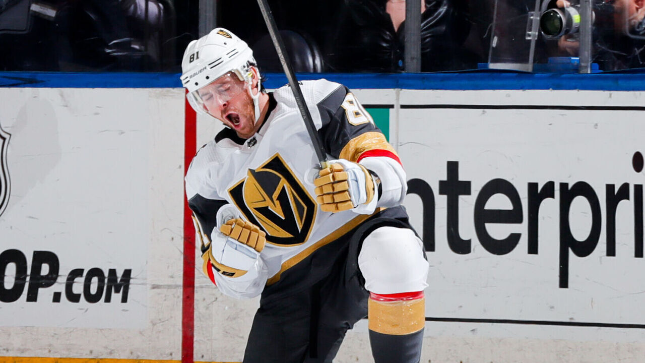 NEW YORK, NEW YORK - JANUARY 26: Jonathan Marchessault #81 of the Vegas Golden Knights celebrates after scoring a goal in the third period against the New York Rangers at Madison Square Garden on January 26, 2024 in New York City.
