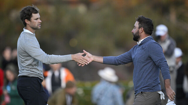 LA JOLLA, CALIFORNIA - JANUARY 26: Thomas Detry of Belgium (L) and Stephan Jaeger of Germany shake hands on the 18th green after finishing their round during the third round of the Farmers Insurance Open at Torrey Pines South Course on January 26, 2024 in La Jolla, California.