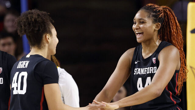 TEMPE, ARIZONA - JANUARY 26: Kiki Iriafen #44 of the Stanford Cardinal celebrates with Courtney Ogden #40 after a basket during the second half against the Arizona State Sun Devils at Desert Financial Arena on January 26, 2024 in Tempe, Arizona.