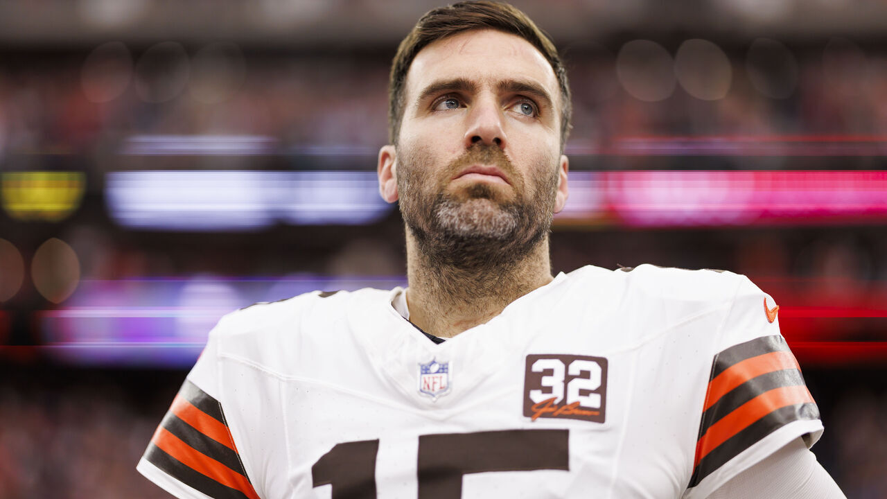 HOUSTON, TEXAS - JANUARY 13: Joe Flacco #15 of the Cleveland Browns looks on from the sideline before an AFC wild-card playoff football game against the Houston Texans at NRG Stadium on January 13, 2024 in Houston, Texas.