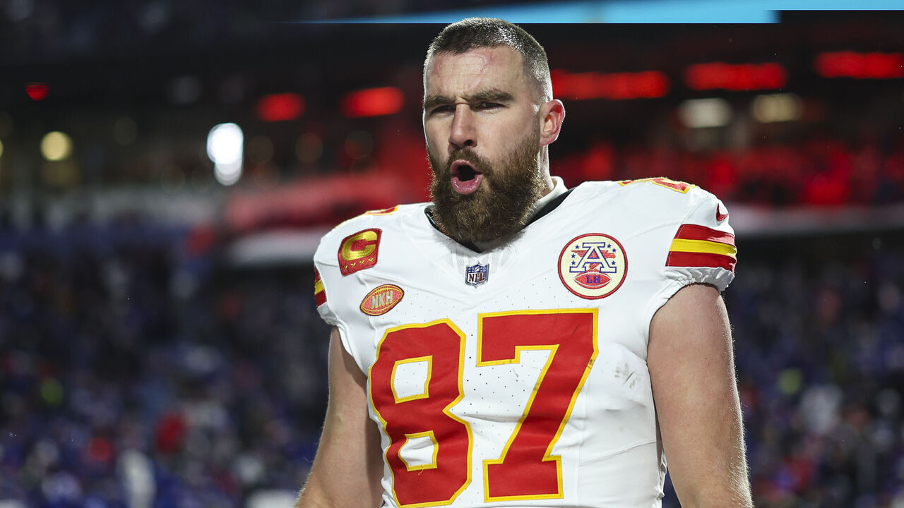 ORCHARD PARK, NY - JANUARY 21: Travis Kelce #87 of the Kansas City Chiefs warms up prior to an NFL divisional round playoff football game against the Buffalo Bills at Highmark Stadium on January 21, 2024 in Orchard Park, New York.