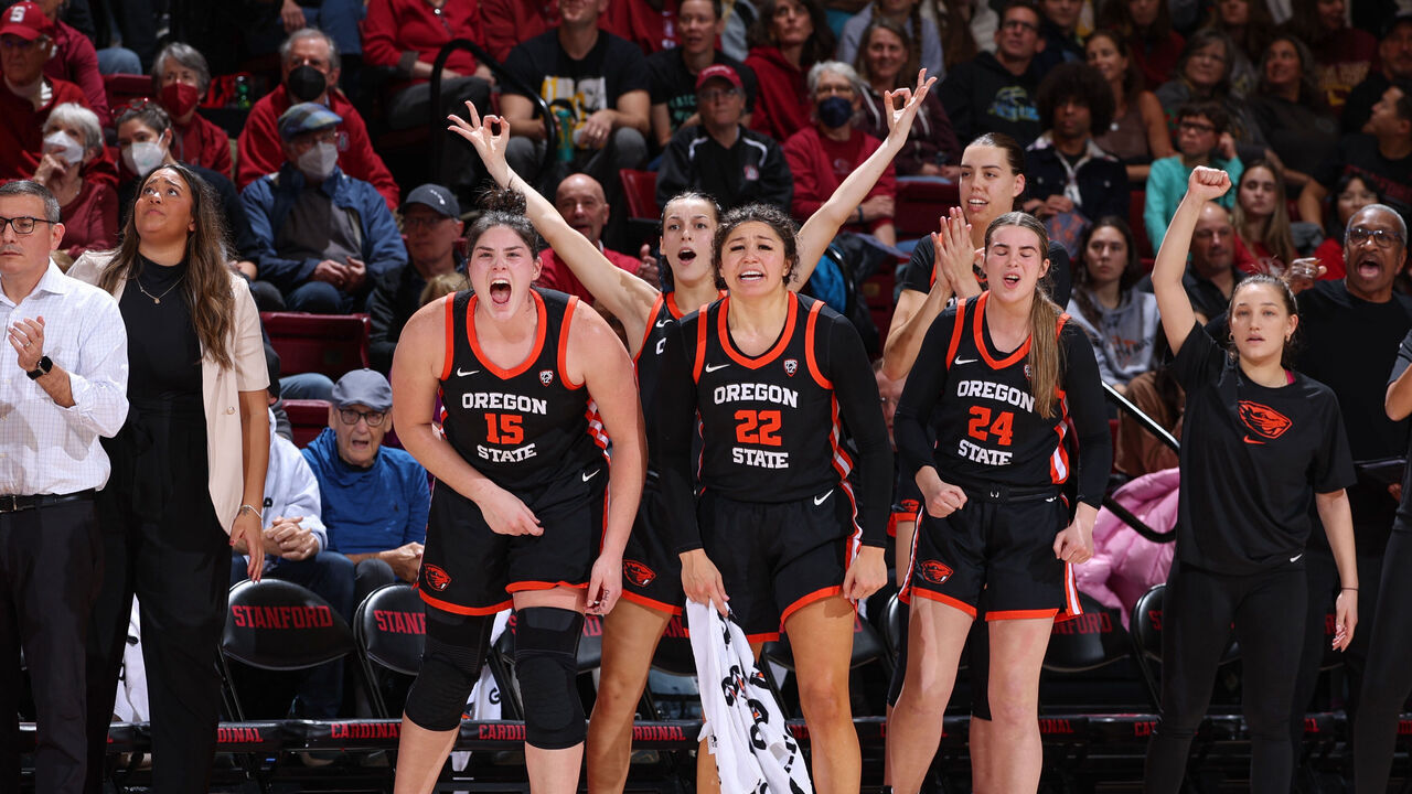STANFORD, CA - JANUARY 21: The Oregon State Beavers bench celebrate a three pointer during a game between Oregon State University and Stanford University at Maples Pavilion on January 21, 2024 in Stanford, California.