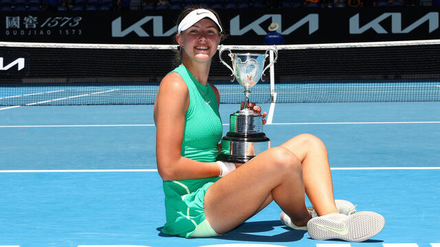 MELBOURNE, AUSTRALIA - JANUARY 27: Renata Jamrichova of Slovakia poses with the championship trophy after winning their Junior Girls Singles Final match against Emerson Jones of Australia during the 2024 Australian Open Junior Championships at Melbourne Park on January 27, 2024 in Melbourne, Australia.