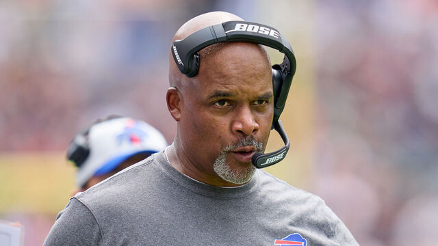 CHICAGO, IL - AUGUST 21: Buffalo Bills defensive line coach Eric Washington talks into his headset during a preseason game between the Chicago Bears and the Buffalo Bills on August 21, 2021 at Soldier Field in Chicago, IL.