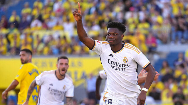 LAS PALMAS, SPAIN - JANUARY 27: Aurelien Tchouameni of Real Madrid celebrates after scoring their sides second goal during the LaLiga EA Sports match between UD Las Palmas and Real Madrid CF at Estadio Gran Canaria on January 27, 2024 in Las Palmas, Spain.