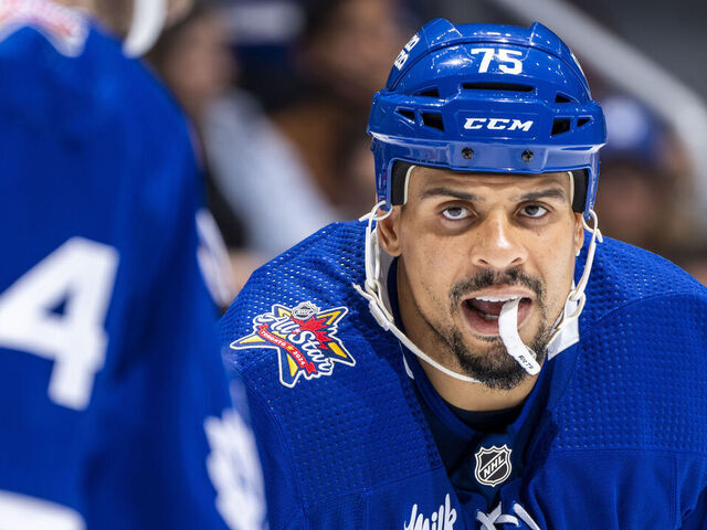 TORONTO, ON - DECEMBER 9: Ryan Reaves #75 of the Toronto Maple Leafs looks on against the Nashville Predators during the first period at the Scotiabank Arena on December 9, 2023 in Toronto, Ontario, Canada.