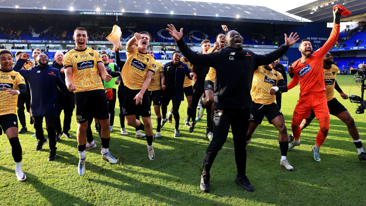 IPSWICH, ENGLAND - JANUARY 27: George Elokobi, Manager of Maidstone United, celebrates victory at full-time following the Emirates FA Cup Fourth Round match between Ipswich Town and Maidstone United at Portman Road on January 27, 2024 in Ipswich, England.
