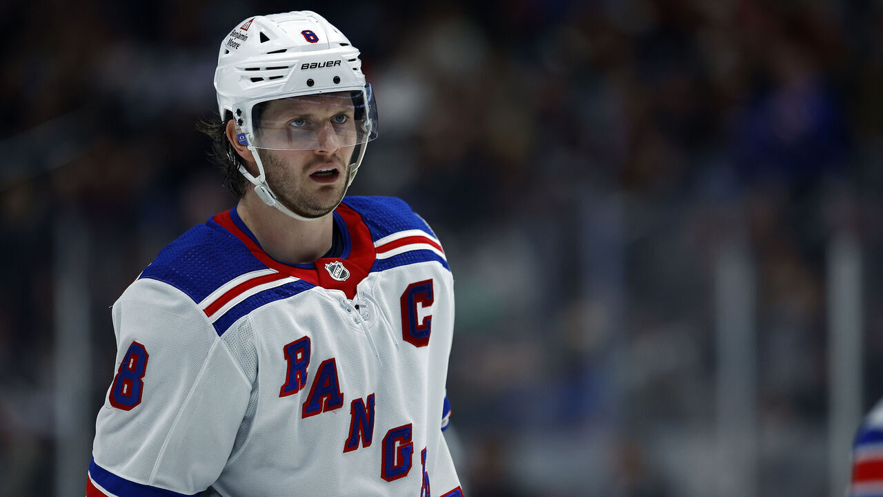 ANAHEIM, CALIFORNIA - JANUARY 21: Jacob Trouba #8 of the New York Rangers in the second period at Honda Center on January 21, 2024 in Anaheim, California.