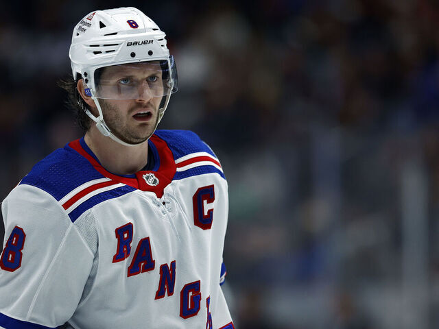 ANAHEIM, CALIFORNIA - JANUARY 21: Jacob Trouba #8 of the New York Rangers in the second period at Honda Center on January 21, 2024 in Anaheim, California.