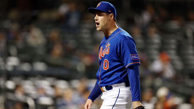 NEW YORK, NEW YORK - SEPTEMBER 27: Adam Ottavino #0 of the New York Mets reacts as he walks off the field in the top of the ninth inning against the Miami Marlins during game two of a double header at Citi Field on September 27, 2023 in the Flushing neighborhood of the Queens borough of New York City. The Miami Marlins defeated the New York Mets 4-2.