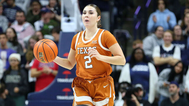 STORRS, CT - NOVEMBER 14: Texas Longhorns guard Shaylee Gonzales (2) in action during a women's college basketball game between Texas Longhorns and UConn Huskies on November 14, 2022, at Harry A. Gampel Pavilion in Storrs, CT.