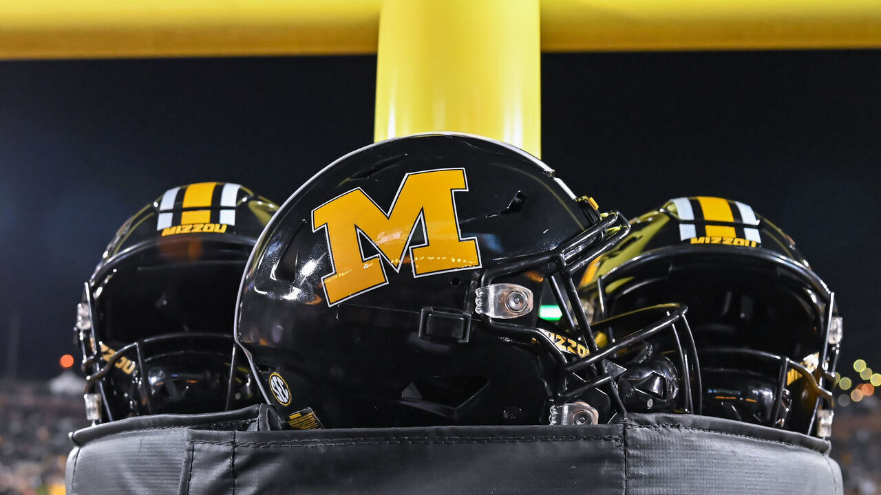 COLUMBIA, MO - NOVEMBER 18: Missouri helmets rest on the goal post padding during a SEC conference game between the Florida Gators and the Missouri Tigers held on Saturday Nov 18, 2023 at Faurot Field at Memorial Stadium in Columbia MO. (Photo by Rick Ulreich/Icon Sportswire via Getty Images