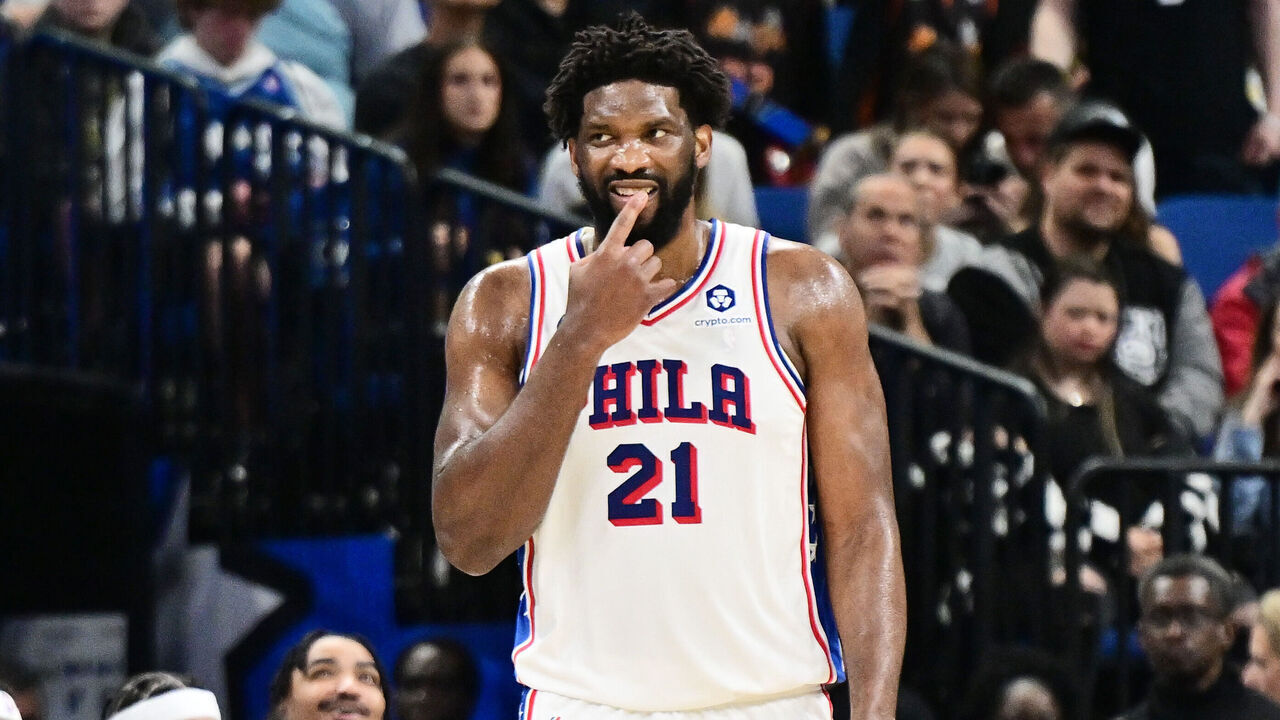 ORLANDO, FLORIDA - JANUARY 19: Joel Embiid #21 of the Philadelphia 76ers reacts in the first half of a game against the Orlando Magic at Kia Center on January 19, 2024 in Orlando, Florida.
