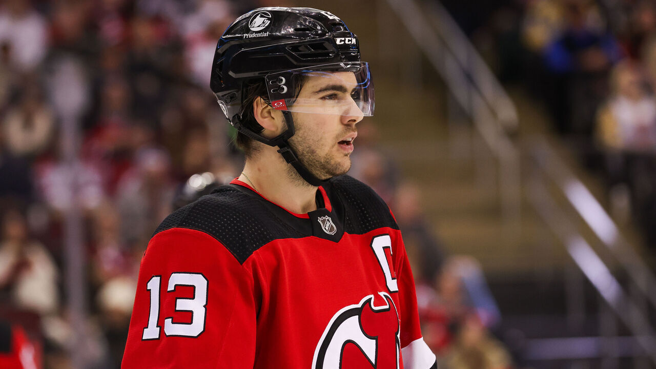 NEWARK, NJ - JANUARY 22: New Jersey Devils center Nico Hischier (13) looks on during a game between the Vegas Golden Knights and New Jersey Devils on January 22, 2024 at Prudential Center in the Newark, New Jersey.